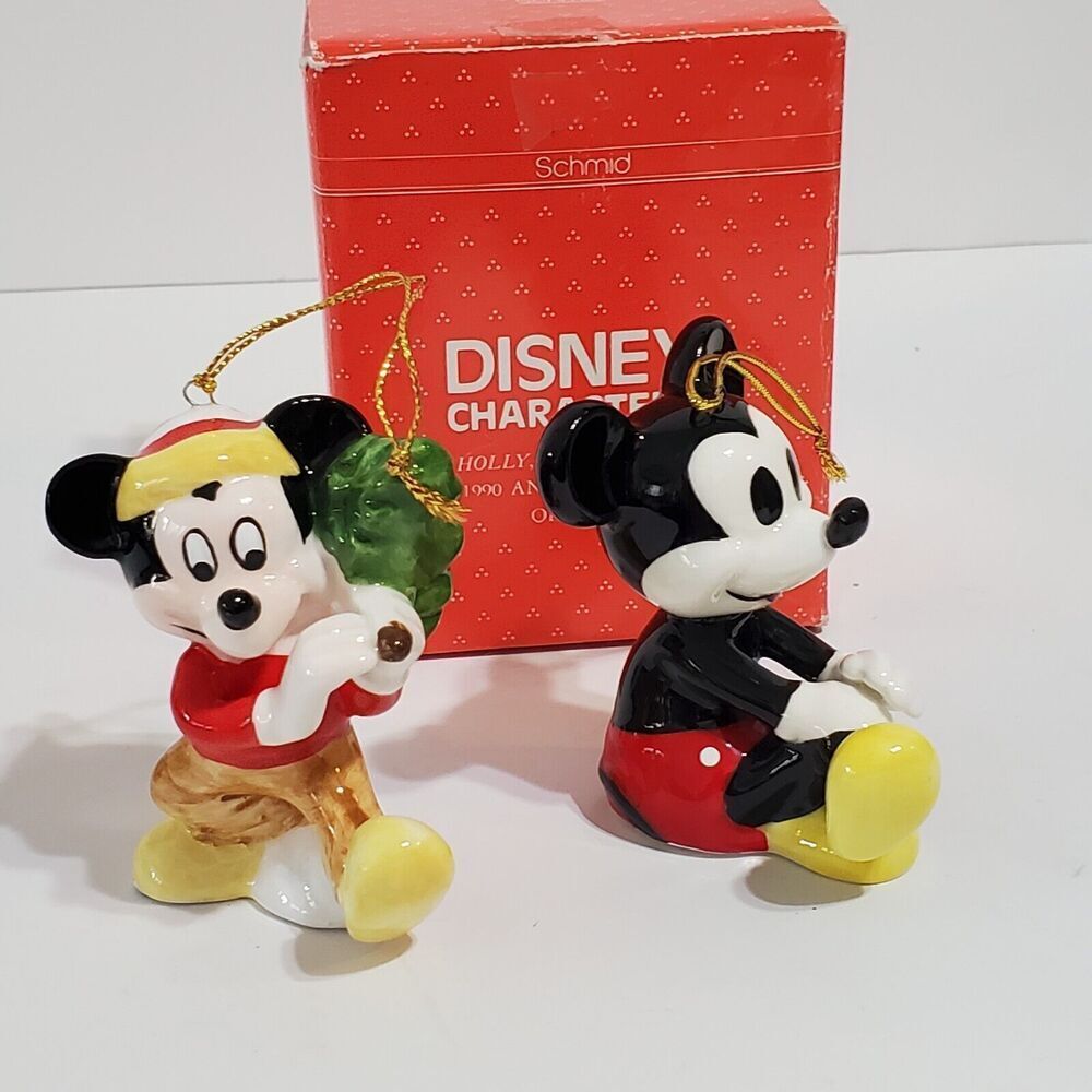 Vtg 1990 Schmid Disney Mickey Mouse sitting Carrying Christmas Tree Ornaments 3"